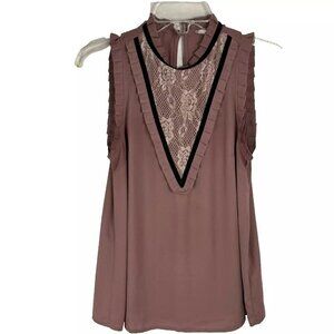 Moon Mauve Black Sleeveless Blouse Lace Insert Semi Sheer Women's Small GUC